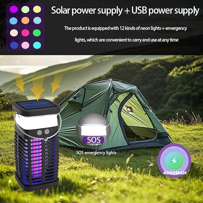 Solar Bug Zapper Outdoor & Indoor, 4200V Electric Mosquito Killer w USB Rechargeable 4000mah Battery, Waterproof Fly Trap for Gnat, Fruit Fly, Moths, Portable Pest Control for Indoor, Outdoor