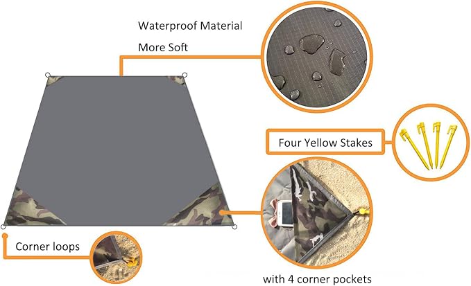 Pocket Blanket 71"x55", Lightweight Compact Sandproof Waterproof Outdoor Blanket for Beach, Hiking, Camping, Travel, Festivals, Picnic with Pockets, Loops, Stakes, Carabiner