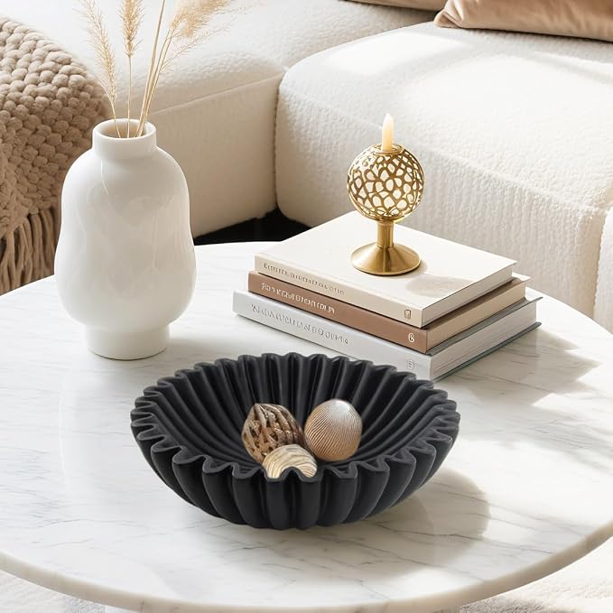 10'' Large Ruffle Decorative Fruit Bowl for Entryway Coffee Table Scalloped Purse Key Holder Kitchen Countertop Console Modern Organic Home Decor,Black