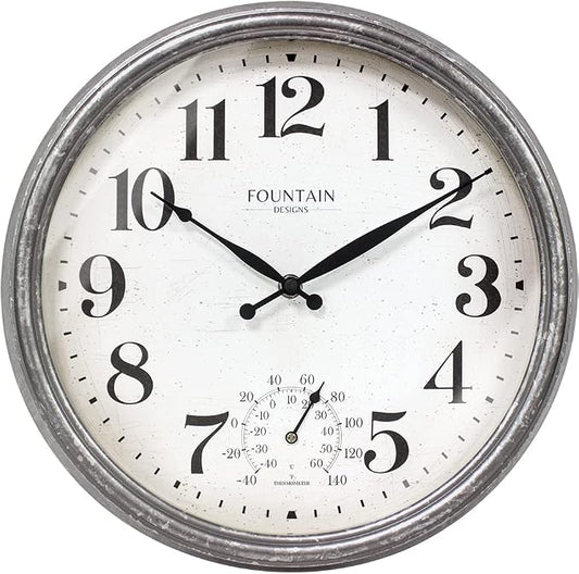 Maison in/Outdoor Clock with Thermometer, 2 in One Weather Station (Weather Thermometer/Wall Decoration) (Galvanized, 13 inch)