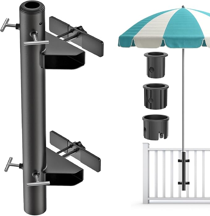 KingDolly No-Drilling Patio Umbrella Holder for Deck Railing with Space-Saving Design, Heavy Duty Deck Umbrella Mount - Fits 1"-1.9" Umbrella Poles, Adjustable Clamp on Umbrella Holder for Deck