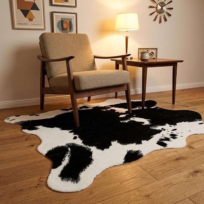 MustMat Cow Print Rug, Faux Cowhide Rug for Mid-Century Modern 4'7''×5'3'' | Black & White, Fits Living Rooms, Bedrooms. Matches Industrial & Minimalist Decor, Great For Holiday & Birthday Use
