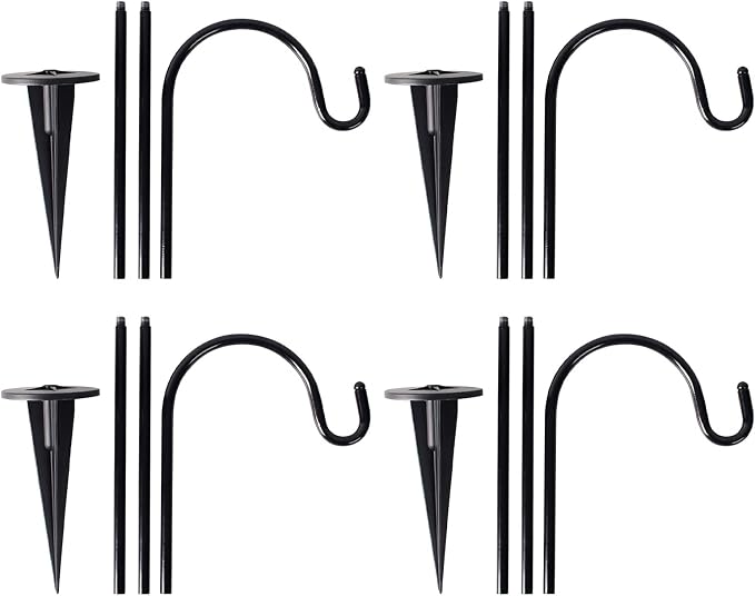 CALIDAKA 4 Pack Multi-Purpose Shepherds Hooks Outdoor Iron Shepherd Hook with Base Adjustable Heavy Duty Garden Hanging Stake for Lanterns Solar Light Plant Hanger Wedding Decor | Includes 4 hooks, Adjustable sections 11.02 18.90 26.77 in, For lights l...