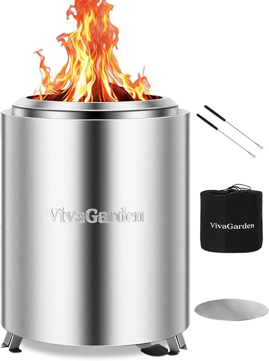 Portable Tabletop Fire Pit, VivaGarden Smokeless Table Top Fire Pit, Wood Burning & Pellets Outdoor Camping Stove with Carry Bag, Forks and Mat (9.7x7.1 Inch, Silver)