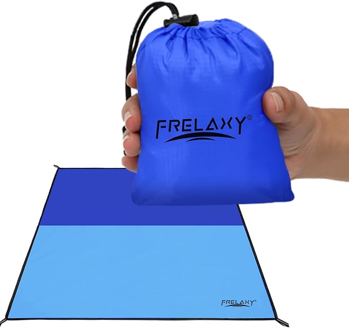 Frelaxy Pocket Picnic Blanket, Waterproof Sandproof Beach Mat, Compact Camping Tarp for Festivals, Hiking, Travel, Outdoor Recreation (Navy & Blue, 57'' x 60'')