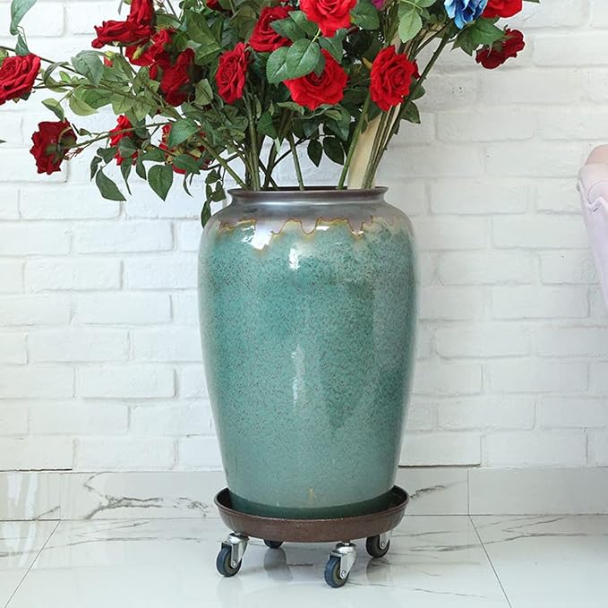 ARTLINE 14" Round Plant Stand with Lockable Wheels, 380lbs Heavy Duty for Indoor Outdoor, Large Rolling Dolly Planter Caddy on Casters to Carry Potted Flower Pot, Round Metal Tray NO Holes, 2 Pack