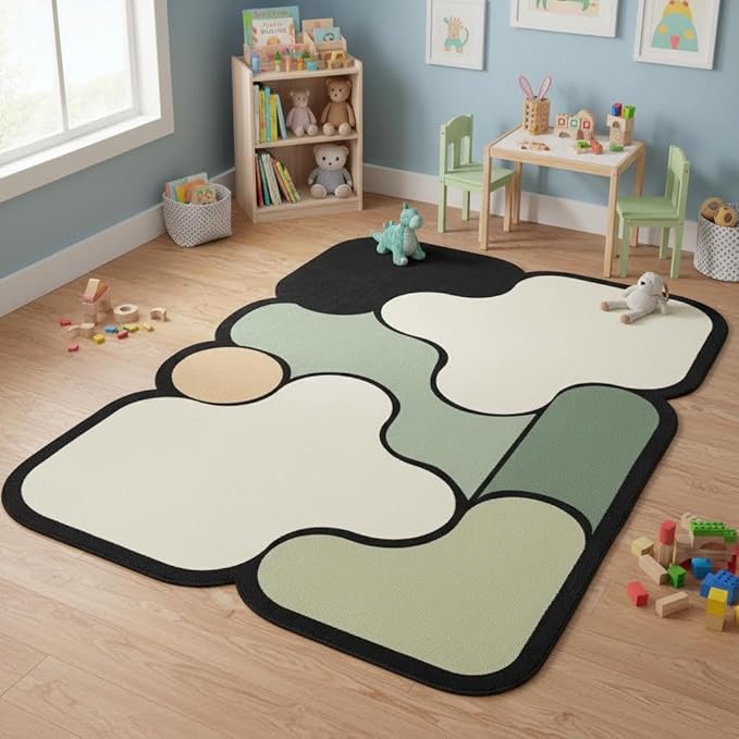 Modern Bedroom Irregular Area Rugs 2x3 Black Beige Green Geometric Pattern Odd Shaped Rug for Living Room Bedroom Nursery Farmhouse Dorm Home Office Carpets Washable Durable Thin Floor Mats