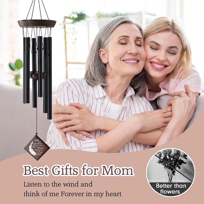 ASTARIN Memorial Wind Chimes for Outside, Sympathy Gift for Loss of Loved One, 28.3 Inch Black Aluminum Wind Chime with Pine Wood and Double-Sided Printed Wind Sail