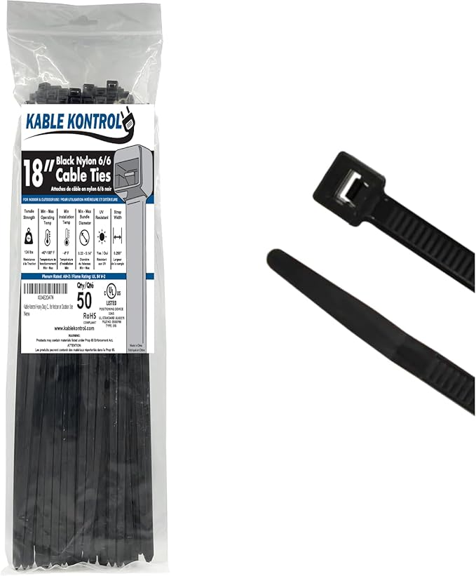 Kable Kontrol Heavy Duty Cable Zip Ties 50 Pcs 18 Inch Black, 120 Lbs Tensile Strength, Self-Locking UV Resistant Plastic Nylon Wire Ties, for Indoor or Outdoor Use