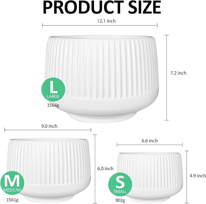 OXART Ceramic Plant Pot, 12+9+6.6 inch Large Plant Pot with Drainage, 3 Piece Planters for Indoor Plants, Modern Decor Home Office Garden Flower Pots for Indoor Outdoor Plant Set, White
