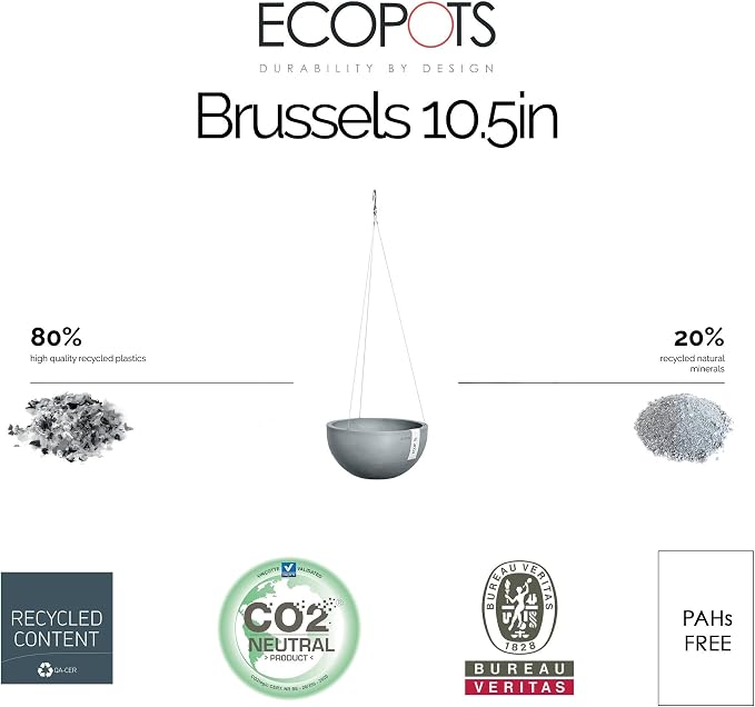Ecopots Hanging Brussels Durable Modern Round Indoor/Outdoor Recycled-Based Composite Flower Pot Planter, Slate Grey, 10.5"