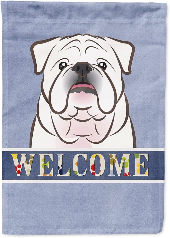 Caroline's Treasures BB1406CHF White English Bulldog Welcome House Flag, Blue Large Porch Sleeve Pole Decorative Outside Yard Banner Artwork Wall Hanging, Polyester, House Size, Multicolor