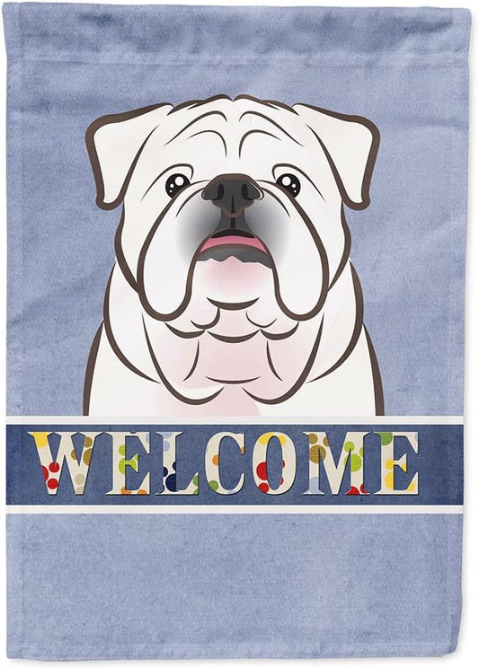 Caroline's Treasures BB1406CHF White English Bulldog Welcome House Flag, Blue Large Porch Sleeve Pole Decorative Outside Yard Banner Artwork Wall Hanging, Polyester, House Size, Multicolor