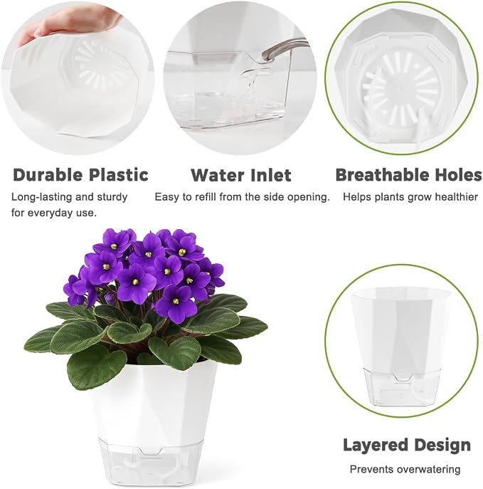 12 Pack Self Watering Plant Pots 6 Inches Self-Watering Planters for Indoor and Outdoor Plants African Violet Succulent Pots Clear Pot for Plants Large Herb Orchid Flower Houseplant Plant, White