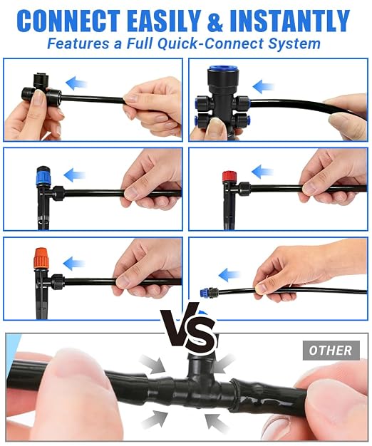 1/2" Drip Irrigation System Kit with 40 Adjustable Nozzles, PE UV-Resistant | All Quick-connect, 2X Lifespan of PVC, Easy Connect, 40FT 1/2" Main tube+ 197FT 1/4" Tube, 4 Nozzle Types