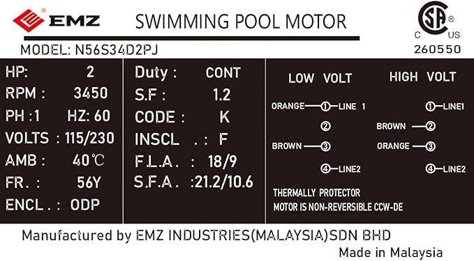 2 HP Single Speed Pool Pump Replacement Motor, Compatible with A.O. Smith Century B2855 B855, 115/230V, 3450 RPM, 56Y Square Flange, ODP, 1.2 Service Factor