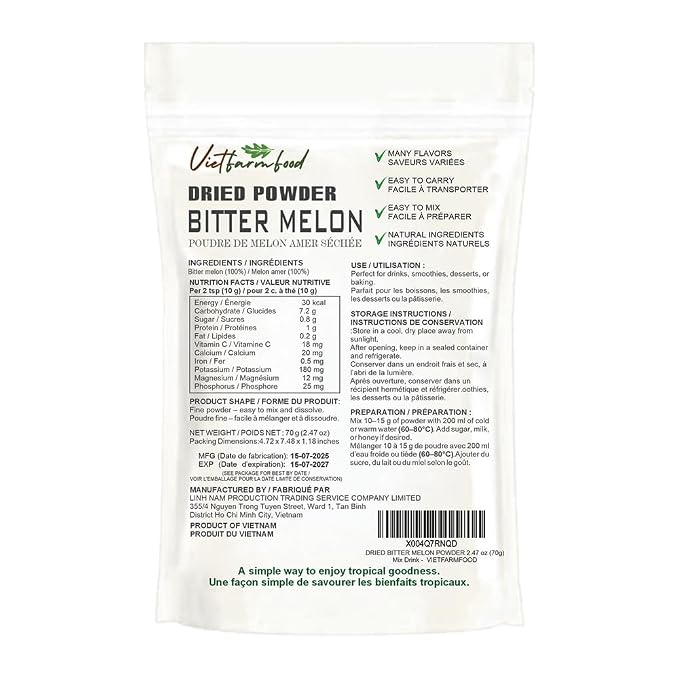 BITTER MELON POWDER 2.47 oz (70g) VIETFARMFOOD: Pure freeze-dried fruit powder, made from real fruit with no added sugar - Perfect for daily nutrition to keep your body full of vitality.