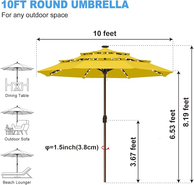 Eurmax USA 10-Year-Non-Fading 10FT 3-Tier Outdoor Patio Market Umbrella with LED Lights,UPF50+ UV Resistant,Commercial Grade,Crank Lift Design,Windproof Vented Top for Garden,Pool,Deck,Sunflower Yellow