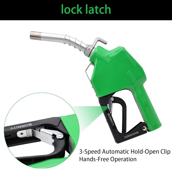 3/4" Inch NPT Green Fuel Nozzle,Automatic Shut Off Heavy Duty W/360° Hose Swivel Gas Fuel Transfer Pump Nozzle,304 13/16" Spout nozzle bushing,Copper Valve,Hook,16 gpm Flow Rate For Gas,Diesel