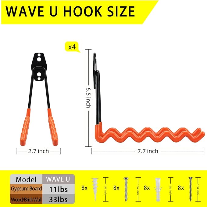 4 Pack Garage Hooks Heavy Duty with Anti-Slip Coating, Steel Utility Wave Hooks for Hanging Ropes, Bikes, Garden Tools, Hoses and More (Orange)