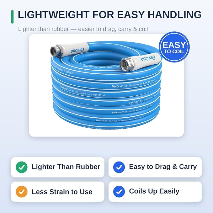FEVONE Kink Free Garden Hose 50 ft, Heavy Duty Water Hose | Flexible Hybrid Polymer, Drinking Water Safe, 5/8 ID, 600 PSI, Leak-Proof, Aluminum 3/4 GHT Fittings for Garden Watering