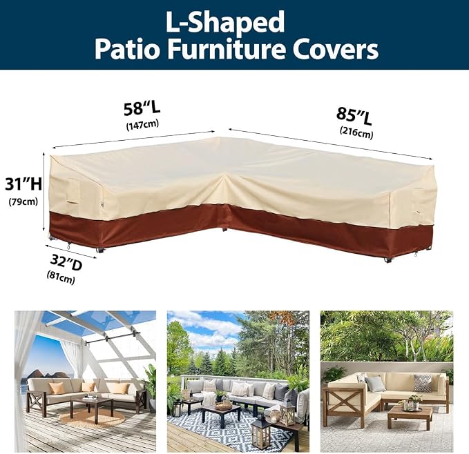 Outdoor Sectional Cover Patio Furniture Covers Waterproof Rip-Stop Anti-UV 600D Heavy Duty Couch Sofa Cover with 3 Air Vent (Beige & Reddish Brown, L-Shaped-Left facing-58''X85'')
