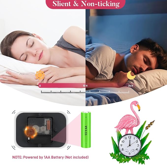Outdoor Clock Silent Non-Ticking, Outdoor Wall Clocks with Thermometer & Humidity, Quartz Clocks Waterproof Decor for Patio Garden Living Room（Pink Flamingo）