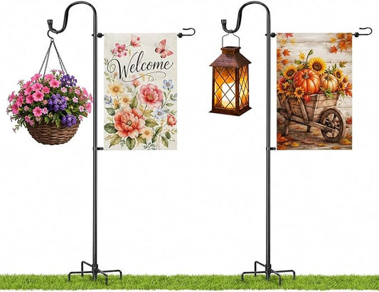 LOPANNY Garden Flag Stand - 2 Pack Upgraded Garden Flag Pole with Shepherd Hooks for 12 x 18 Flag, 45IN Yard Flag Holder Stand for Small Flags(Without Solar Lights & Flag)