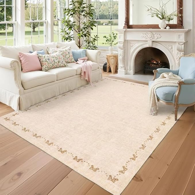 COZYLOOM Rugs for Living Room 5x7 Modern Bow Area Rugs for Bedroom, Solid Color Washable Area Rug with Non Slip Backing, Non Shedding Low Pile Carpet Stain Resistant Mats for Entryway Nursery, Beige