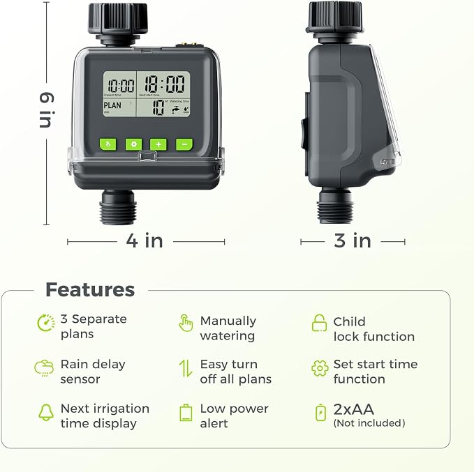 Sprinkler Timer, Watering Timer for Garden Hose, Programmable Hose Faucet Timers with Rain Delay, Outdoor Soaker Automatic & Manual Drip Irrigation Controller System for Lawn Yard Greenhouse
