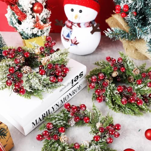 4 Pcs 9inch Christmas Candle Rings Wreath Mini Christmas Table Centerpieces Red Berry Pinecones Wreaths for Kitchen Cabinet for Farmhouse Xmas Front Door Porch Wall Decoration - Image 3