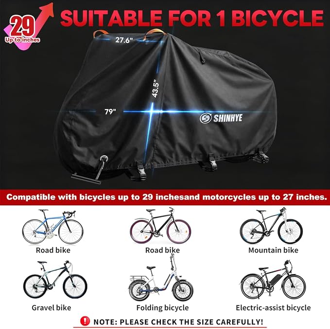 Bike Cover Waterproof Outdoor, 600D Heavy Duty Bicycle Tarp Rain Sun UV Dust Windproof with Reflective Strips Storage Bag, Fits Mountain Road Electric (Black,79×28×43.5in 1 Bike)
