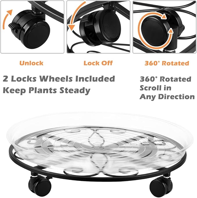 5 Packs 16” Plant Caddy with Wheels Metal Plant Stand on Wheels for Indoor and Outdoor Plants Rolling Plant Stand with Casters Heavy Duty Plant Dolly Roller Caddy, Black