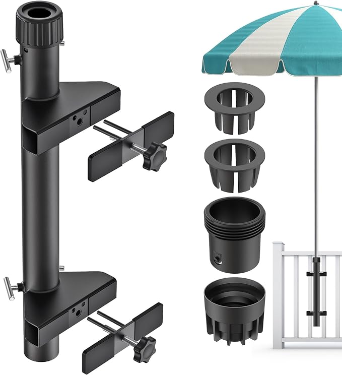 KingDolly No Drilling Deck Umbrella Mount, Heavy Duty Deck Railing Umbrella Holder with Space-Saving, Adjustable Patio Umbrella Holder for Deck Railing, Clamp on Umbrella Mount Fits 1''-1.9'' Poles