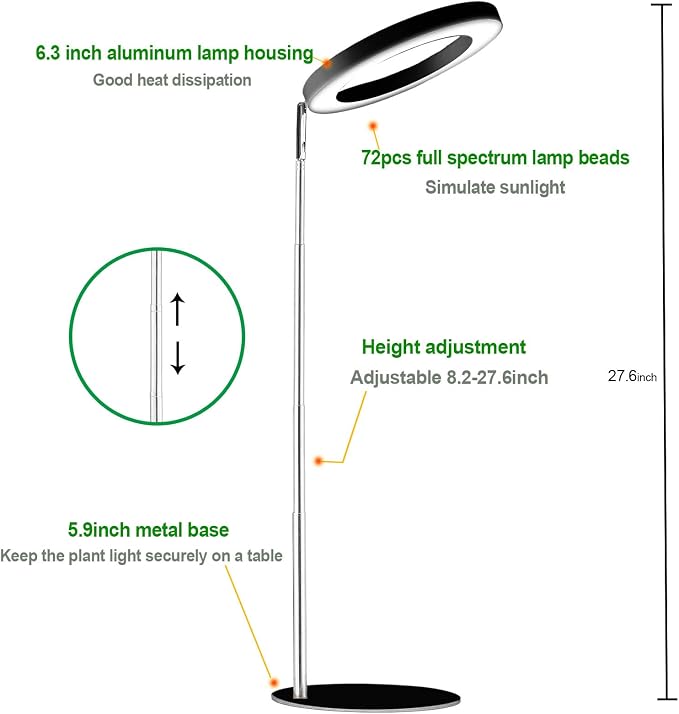 Yadoker 72 LEDs Full Spectrum Plant Grow Light with Base for Indoor Plants，Height Adjustable, 6.3" Aluminum Housing,Automatic Timer with 8/12/16 Hours,10-Level Brightness,Black Plant Light,1 Pack