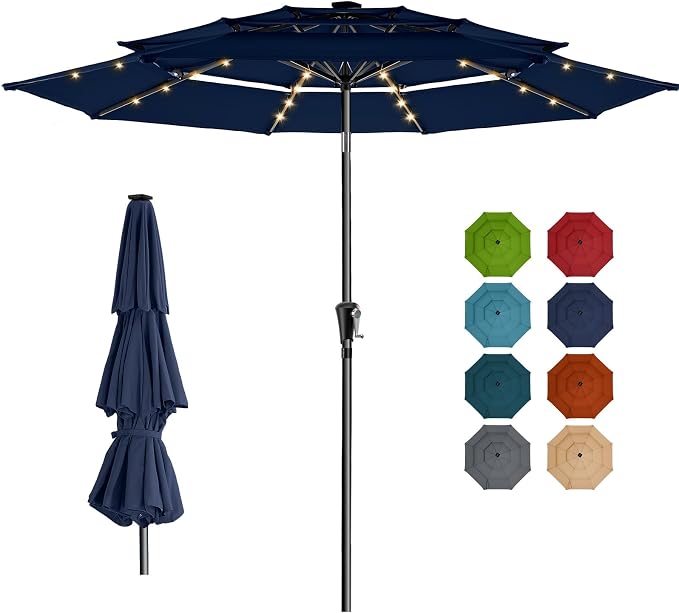 HOMSHADE 3-Tier Patio Umbrella with Solar Lights(Navy Blue,No Base) | 5-Year Fade Resistant;32 LED Lights;Windproof;8 Thicker Ribs;UPF50+;Pool Garden Deck