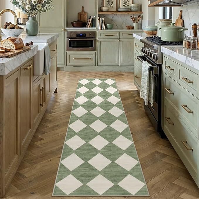 Green 2x8 Washable Runner Rug Kitchen Non Slip Checkered Carpet | Soft, Low Pile, Easy Clean, Diamond Pattern for Hallway, Entryway, Laundry Room, Bathroom, Modern Indoor Decor