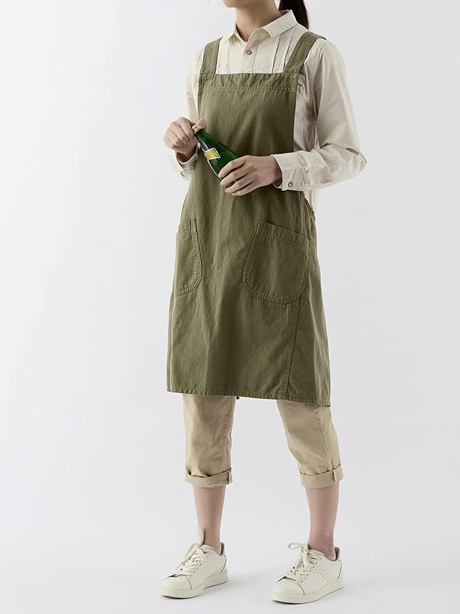 Japanese Cotton Linen Cross Back Apron with Pockets,Fashion Pinafore Dress for Gardening Painting Cleaning Cooking