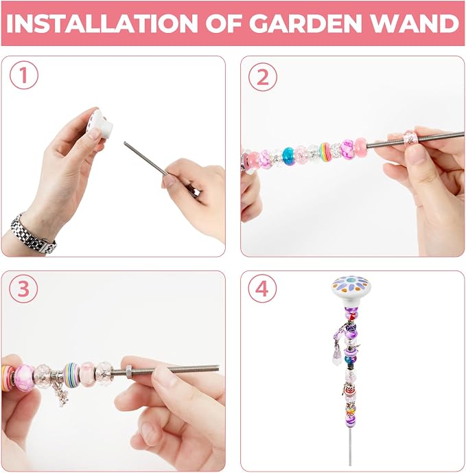 178 Pcs DIY Beaded Garden Stakes Kit with Cartoon Stoppers | Garden stakes kit with beads colorful crystal stoppers DIY fairy wands, garden decor, outdoor crafts