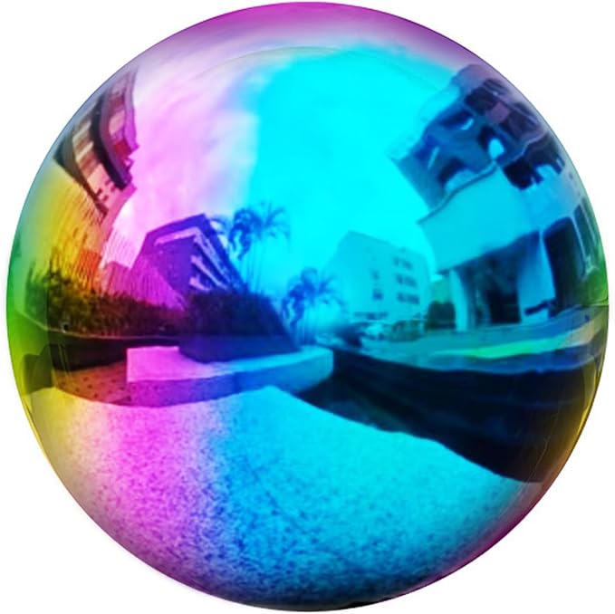 10 inch Stainless Steel Gazing Ball Rainbow Gazing Globe Mirror Reflective Garden Sphere Floating Pond Balls Gazing Ball Colorful and Shiny Home Outdoor Ornament