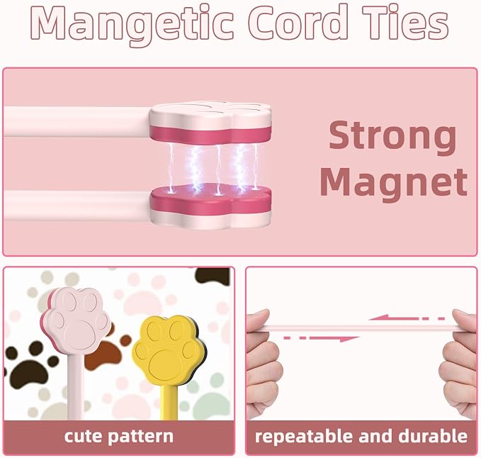 Cute Dog Paw Magnetic Cable Ties (24 Pack, 7.28 In) silicone cable ties reusable,Strong magnetic adsorption,Great for Bundlingand Organizing, Holding Stuff Book Markers, Fridge Magnets (Multicolor)
