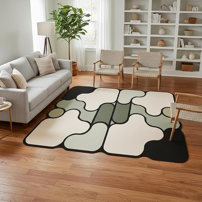 Stylish Organic Shaped Rug for Living Room Bedroom Diningroom Hallway Dorm Beige Black Green Irregular Geometric Pattern Funny Carpet Non Shedding Soft Thin Washable Quick Dry Low Pile Mats 10x12