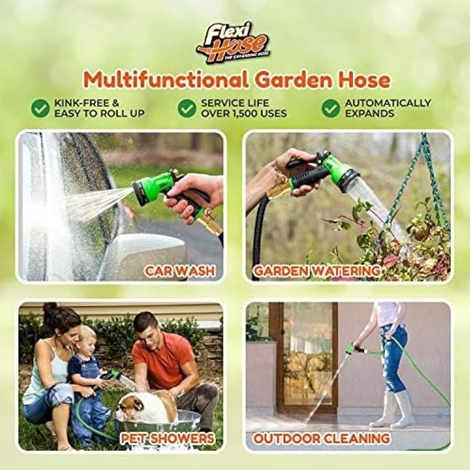 Flexi Hose Lightweight Expandable Garden Hose, 150FT -Retractable Garden Hose, Water Hose - No-Kink Flexibility, 3/4 Inch Solid Brass Fittings and Double Latex Core