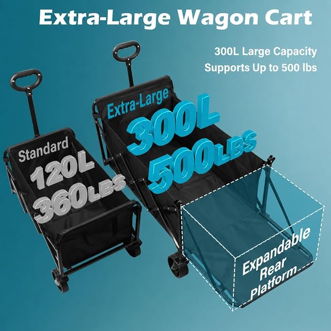Collapsible Wagon Cart, 300L Folding Wagon with Tailgate & Brakes | extra large wagon cart with rear tailgate, brakes, large all-terrain wheels for camping, groceries, beach, outdoor hauling