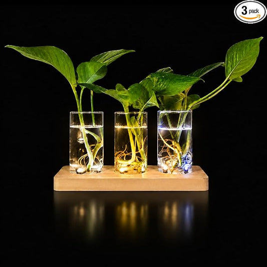 3 Pcs Plant Propagation Terrarium with Wooden Stand | 6 Pcs Wireless LED Light, Desktop Glass Planter Station, Water Planting Glass Vase, Hydroponic Plants, DIY Centerpiece Decor