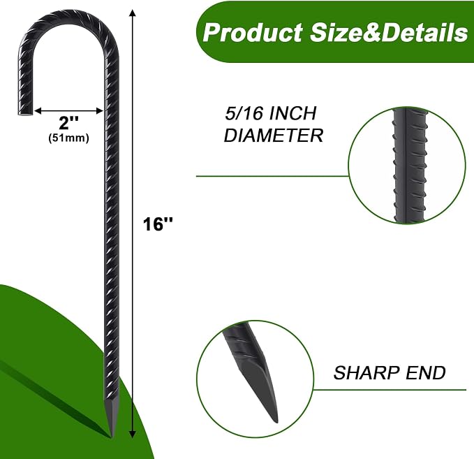 AAGUT Rebar Stakes 16 Inch J Hook Heavy Duty 24 Pack, 5/16 Inch Black Coated Metal Steel Ground Anchors Chain Link Fence Stakes for Camping Tent, Inflatables, Yard Decorations, Canopies & Swing Sets