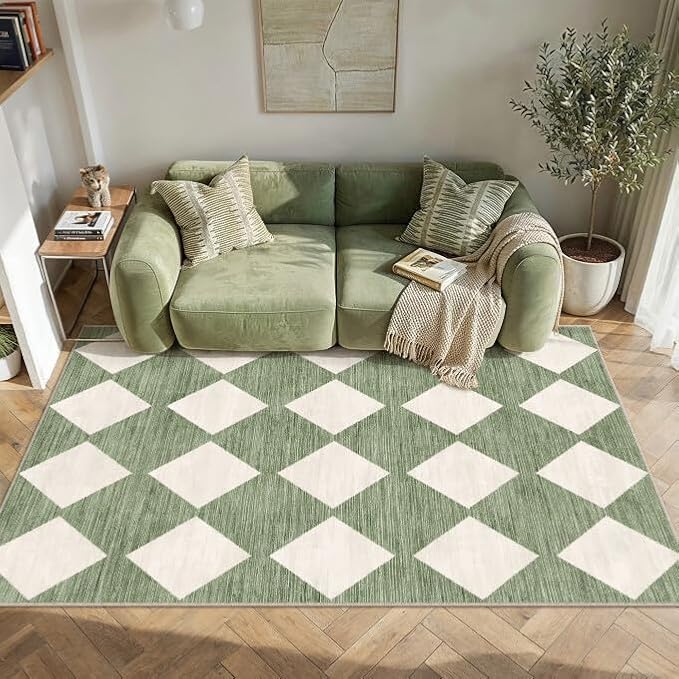 Green 3x5 Washable Area Rug Entryway Non Slip Checkered Carpet | Soft, Low Pile, Easy Clean, Diamond Pattern for Living Room, Bedroom, Kitchen, Office, Nursery, Modern Indoor Decor