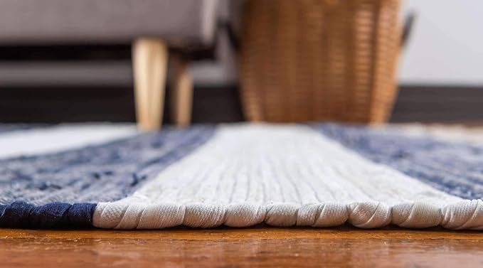 Unique Loom Chindi Rag Collection Area Rug - Striped (2' 2" x 10' Runner, Navy Blue/ Ivory)