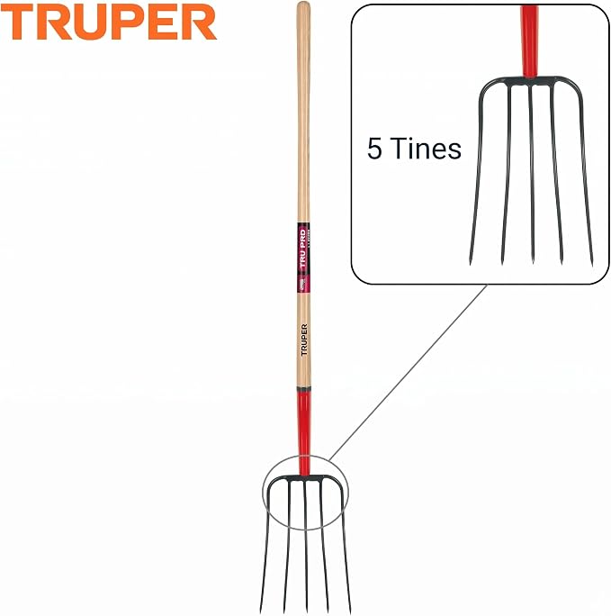 Truper Tru Pro 5-Tine Manure Fork, 54-Inch Premium White Ash Wood Handle, Forged Steel Head, Heavy-Duty Agricultural & Farm Tool (Model BPJ-5E / 30314)