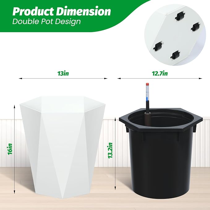 Set of 2 Tall Planters for Outdoor Plants, 16" Large Planter Pots with Drainage Holes & Water Level Monitor, Self-Watering Flower Pots for Patio, Porch, Garden, Front Door Decor, Indoor Outdoor